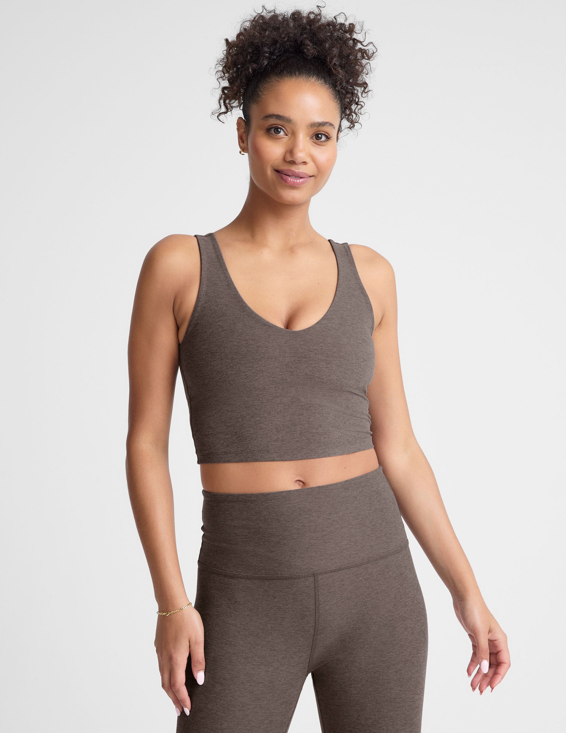 brown v-neck cropped tank top. 