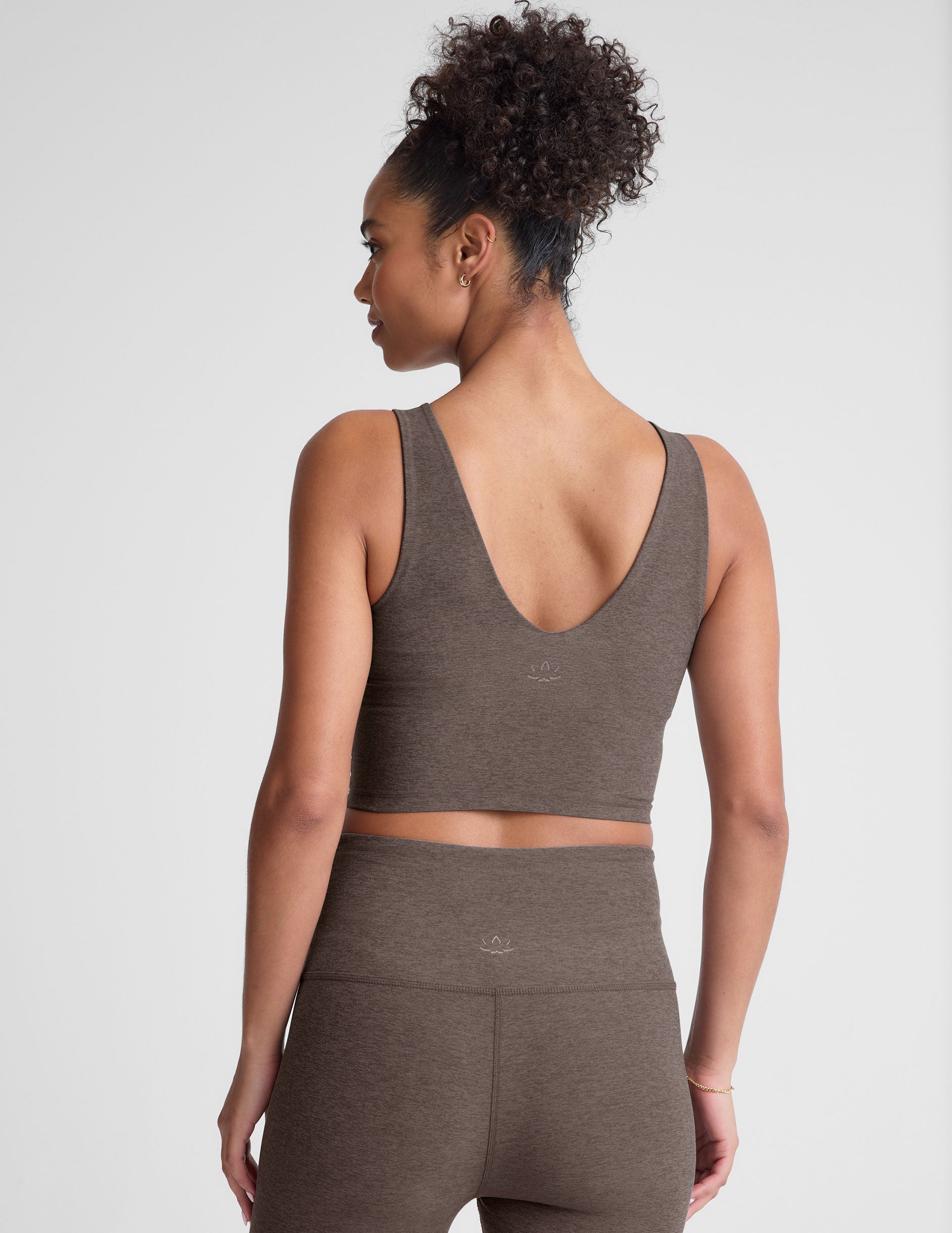 brown v-neck cropped tank top. 