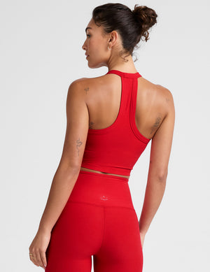 red v-neck cropped tank top with a high racerback. 