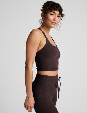 brown v-neck cropped tank top with a high racerback. 