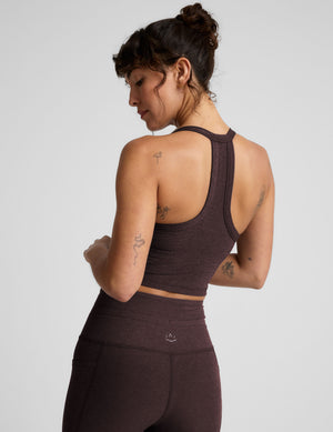 brown v-neck cropped tank top with a high racerback. 