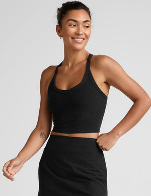 black cropped tank with a v-neckline and high racerback. 
