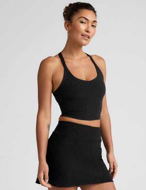 black cropped tank with a v-neckline and high racerback. 