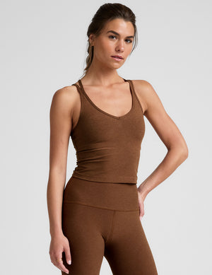 brown v-neck tank top with a back crossover back detail. 