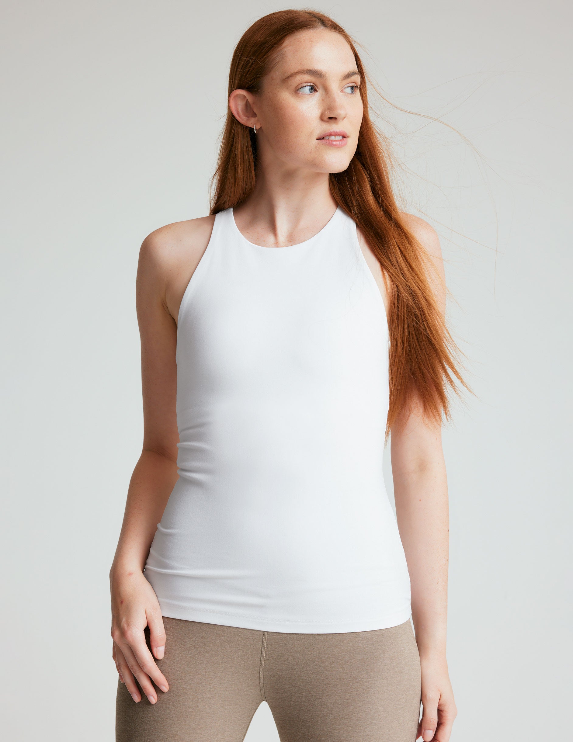 white high-neck long length racerback tank top. 