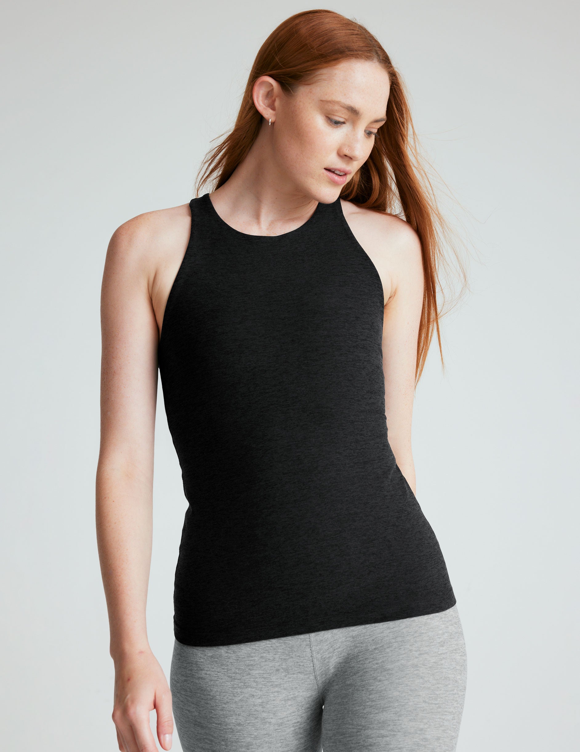 black high-neck racerback classic length tank top. 