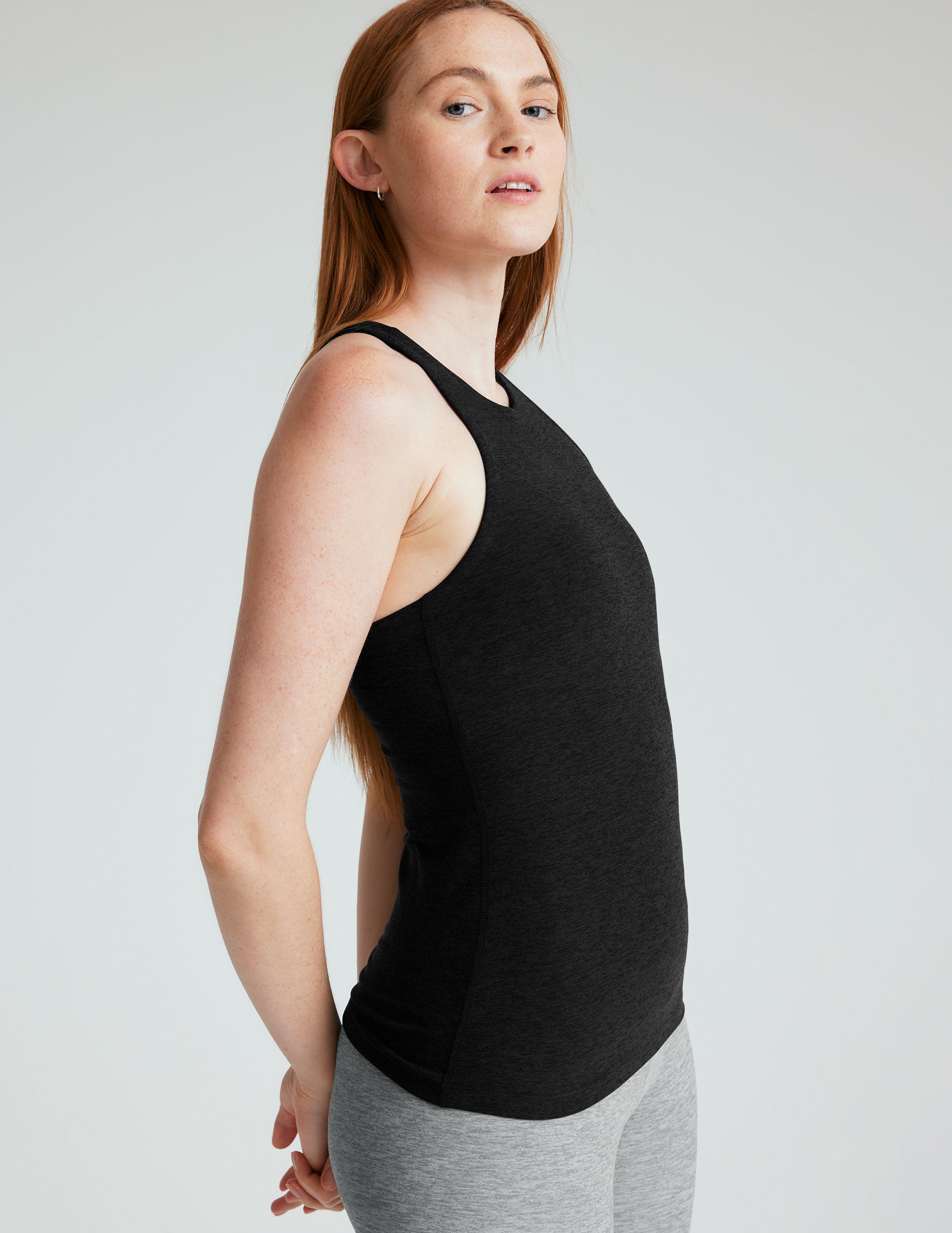 black high-neck racerback classic length tank top.