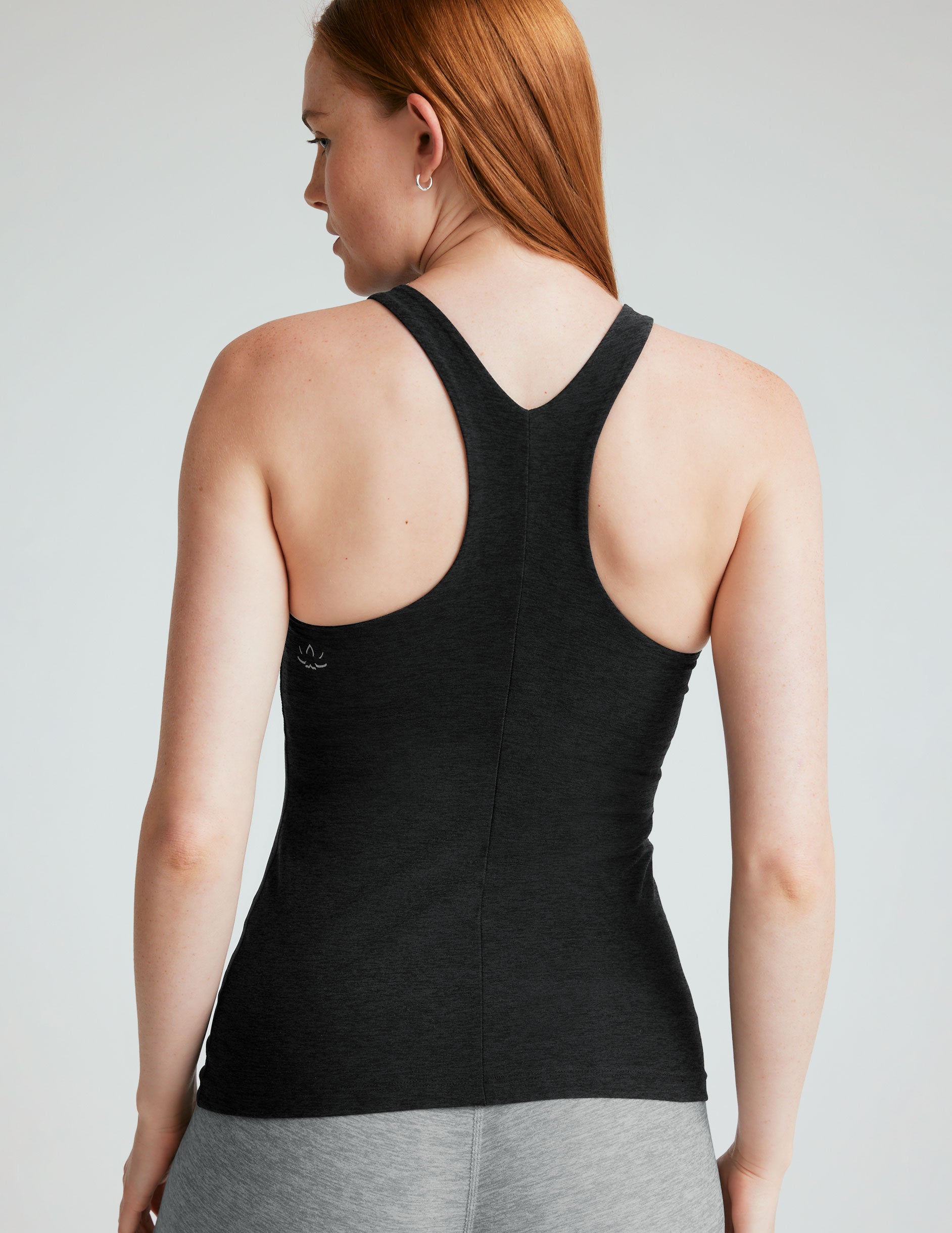 black high-neck racerback classic length tank top.