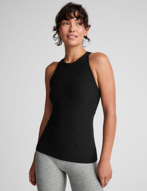 black high-neck racerback classic length tank top. 