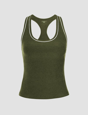 green midway length racerback tank with white contrast trim. 