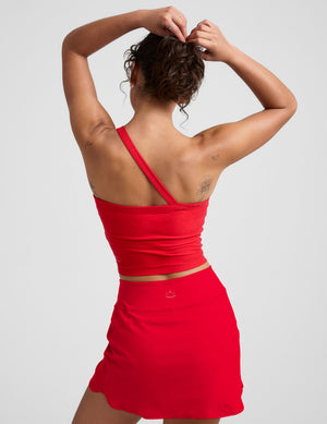 red one-shoulder strap cropped tank top. 