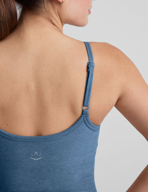 blue waist length spaghetti strap tank top. 