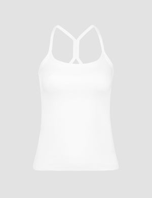 white midway length tank with adjustable spaghetti straps. 
