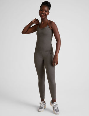gray waist length racerback tank with slim straps. 