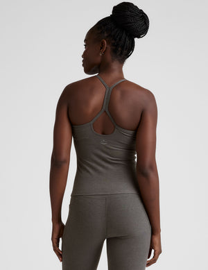 gray waist length racerback tank with slim straps. 