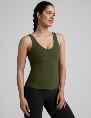 green long length tank top with a front and back v neckline. 