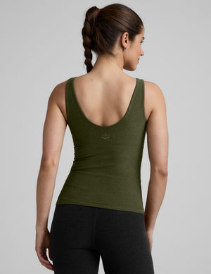 green long length tank top with a front and back v neckline. 