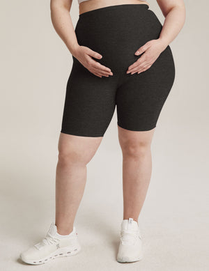 Spacedye Cruiser Maternity Biker Short in dark marled grey with a high over-the-belly waistband and mid-thigh length.
