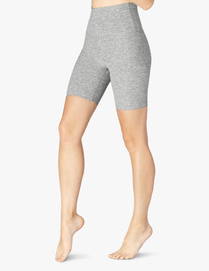 Person wearing gray marled Spacedye High Waisted Biker Short featuring a high waistband and mid-thigh length.