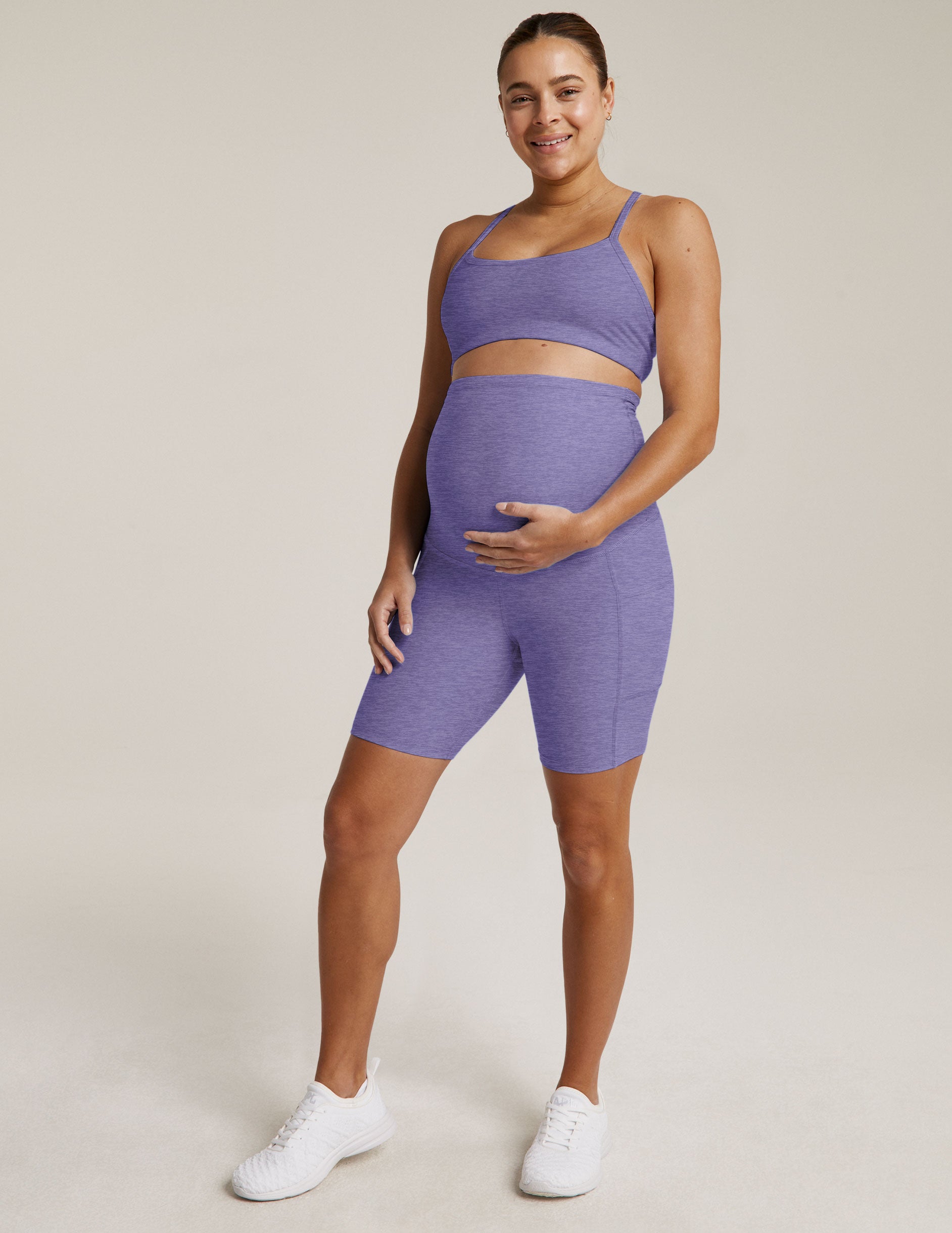 purple maternity biker short with pockets.