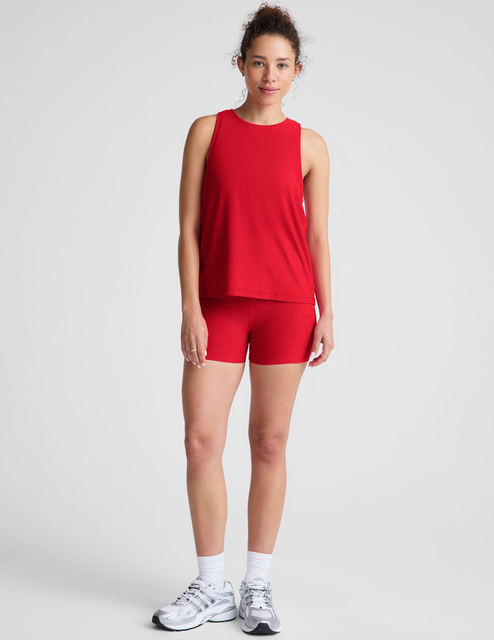 red high-waisted 3" length biker shorts. 