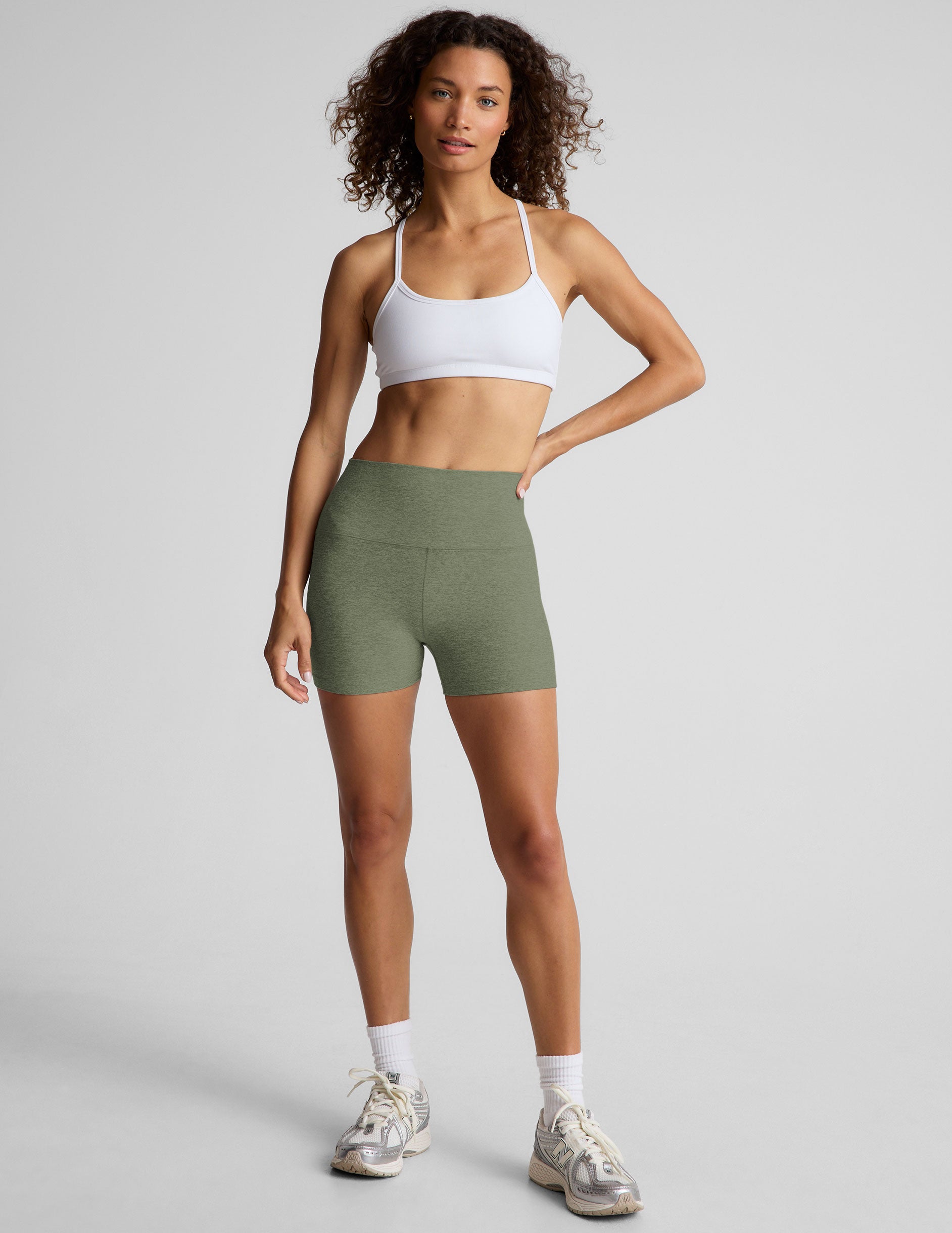 green high-waisted 3" inseam biker shorts. 