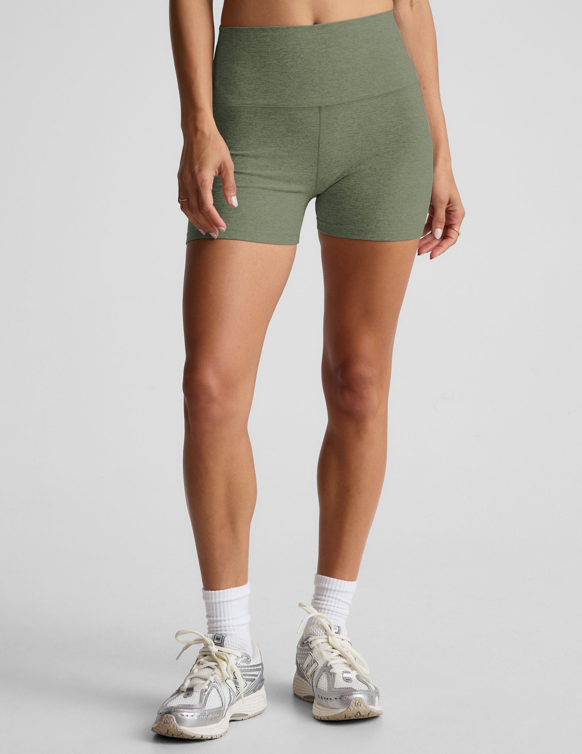 green high-waisted 3" inseam biker shorts. 