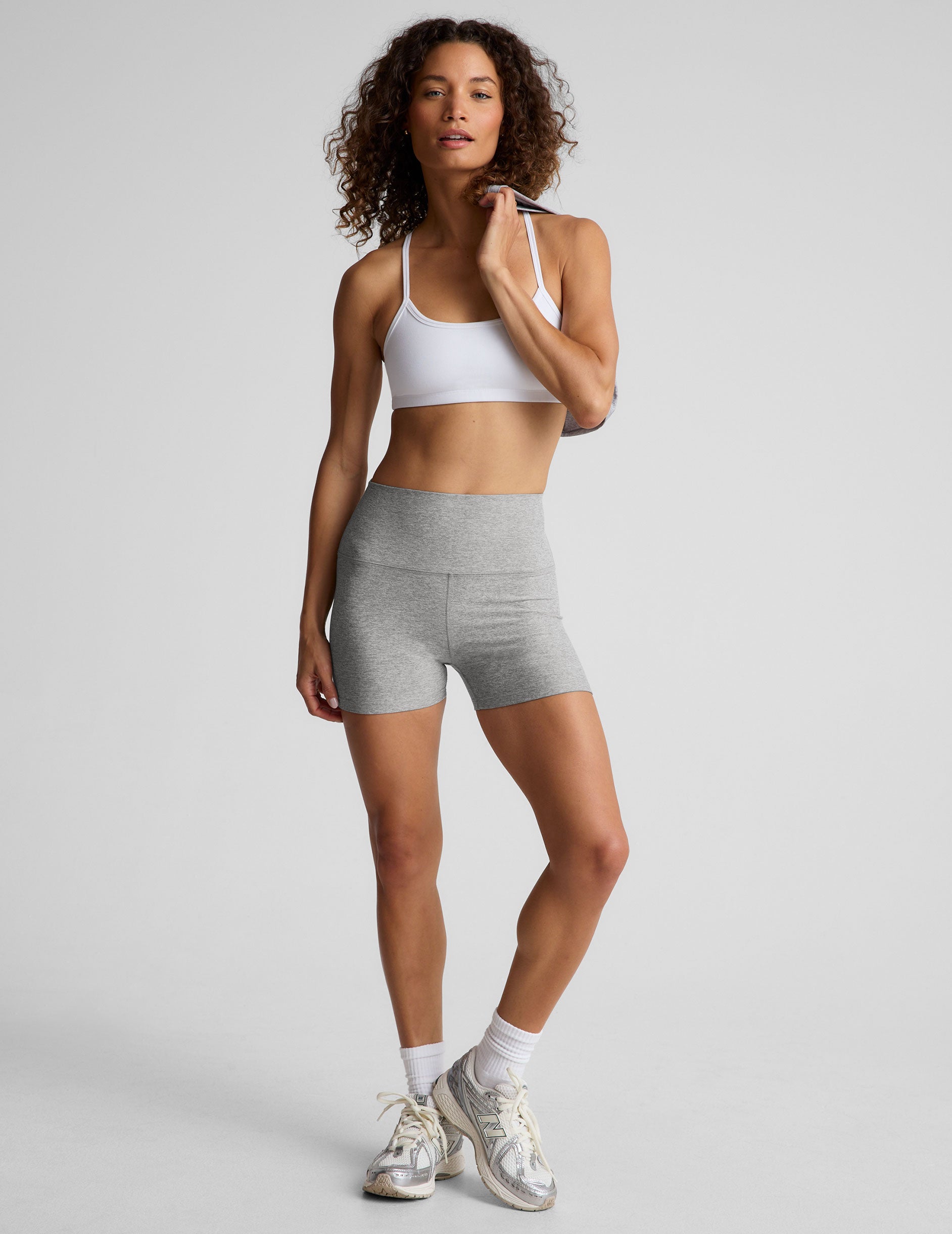 gray high-waisted 3" inseam biker shorts. 