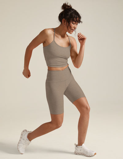 brown biker short with criss cross detail