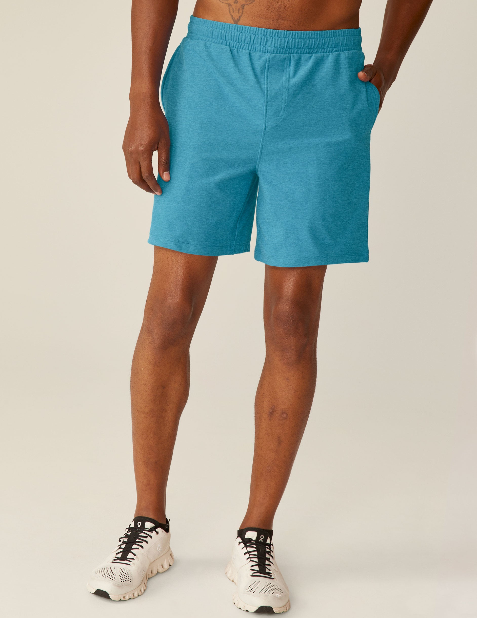 blue men's spacedye shorts with pockets. 