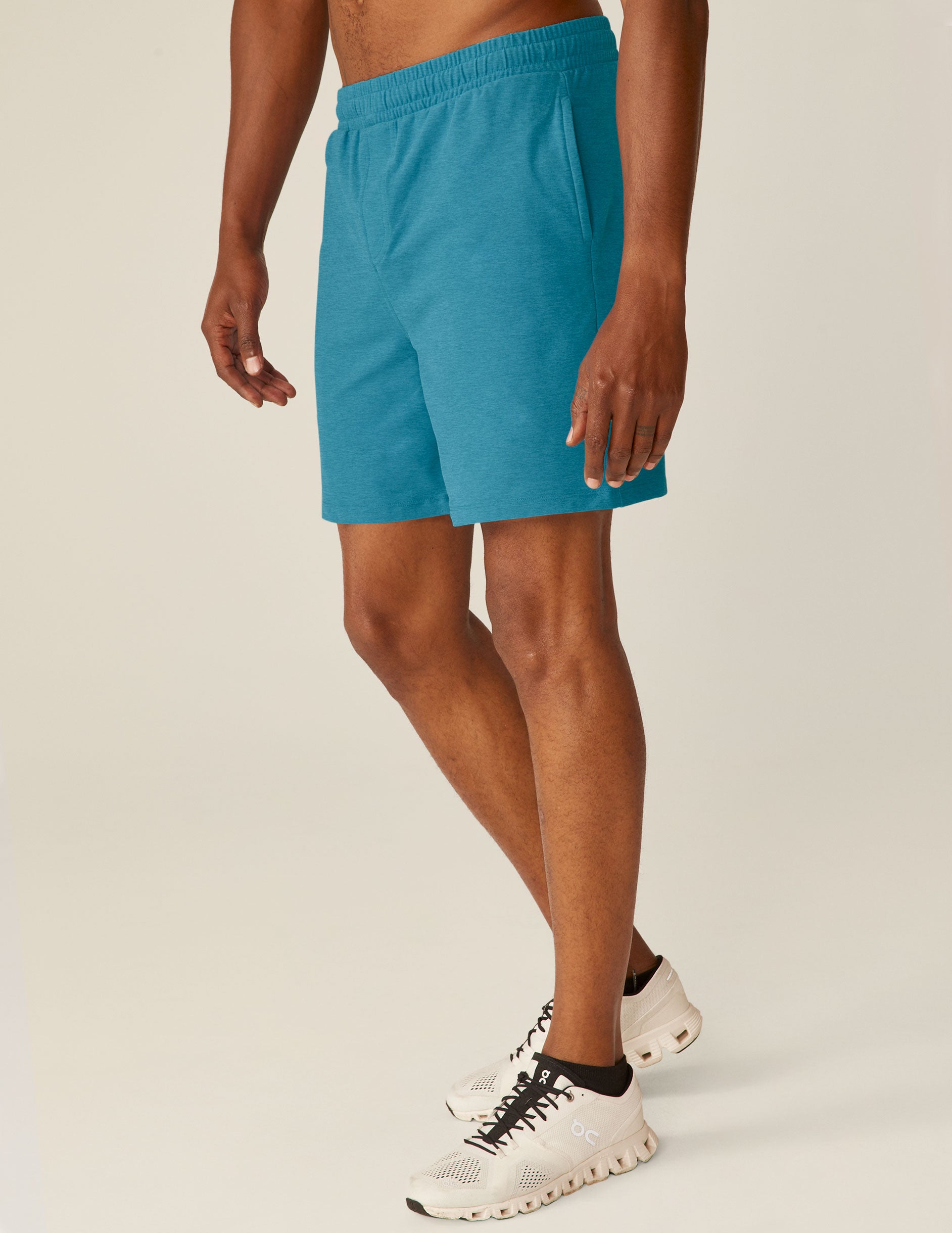 blue men's spacedye shorts with pockets. 