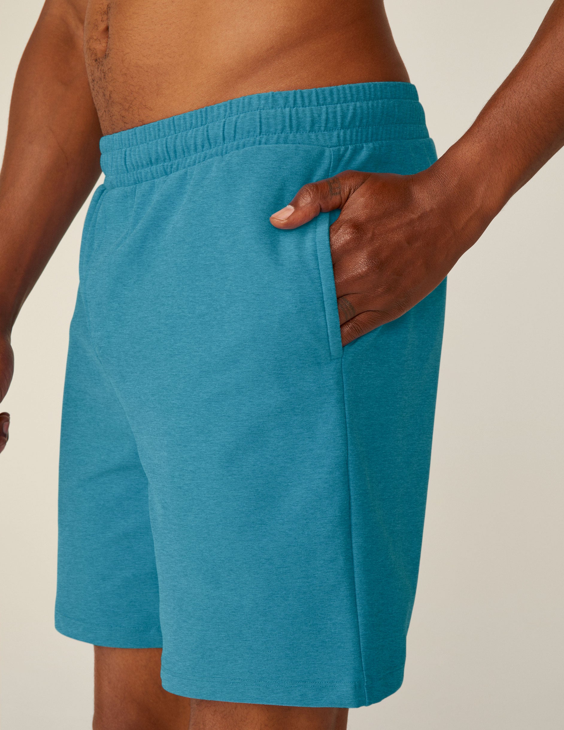 blue men's spacedye shorts with pockets. 