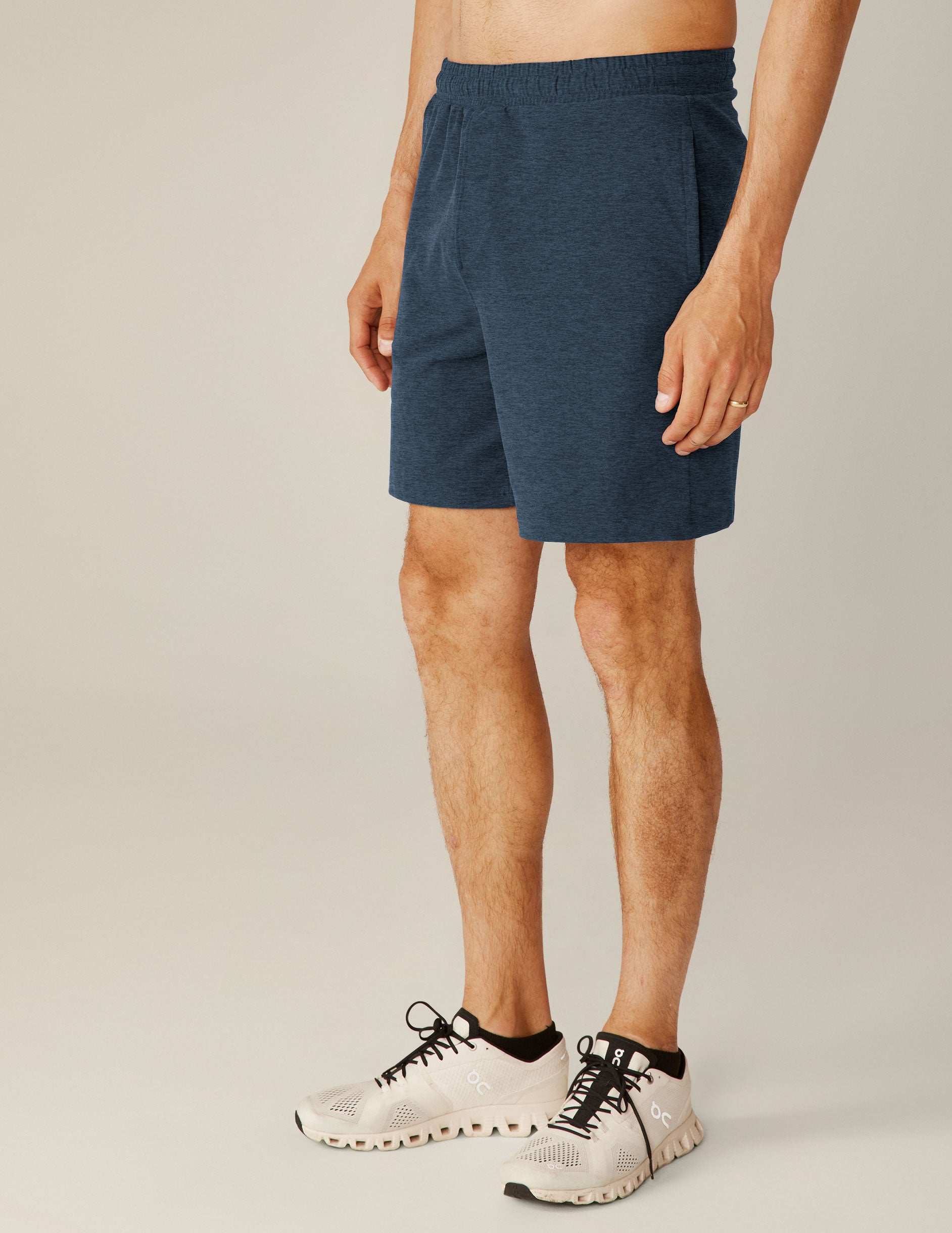 blue relaxed fit men's athleisure shorts with pockets. 