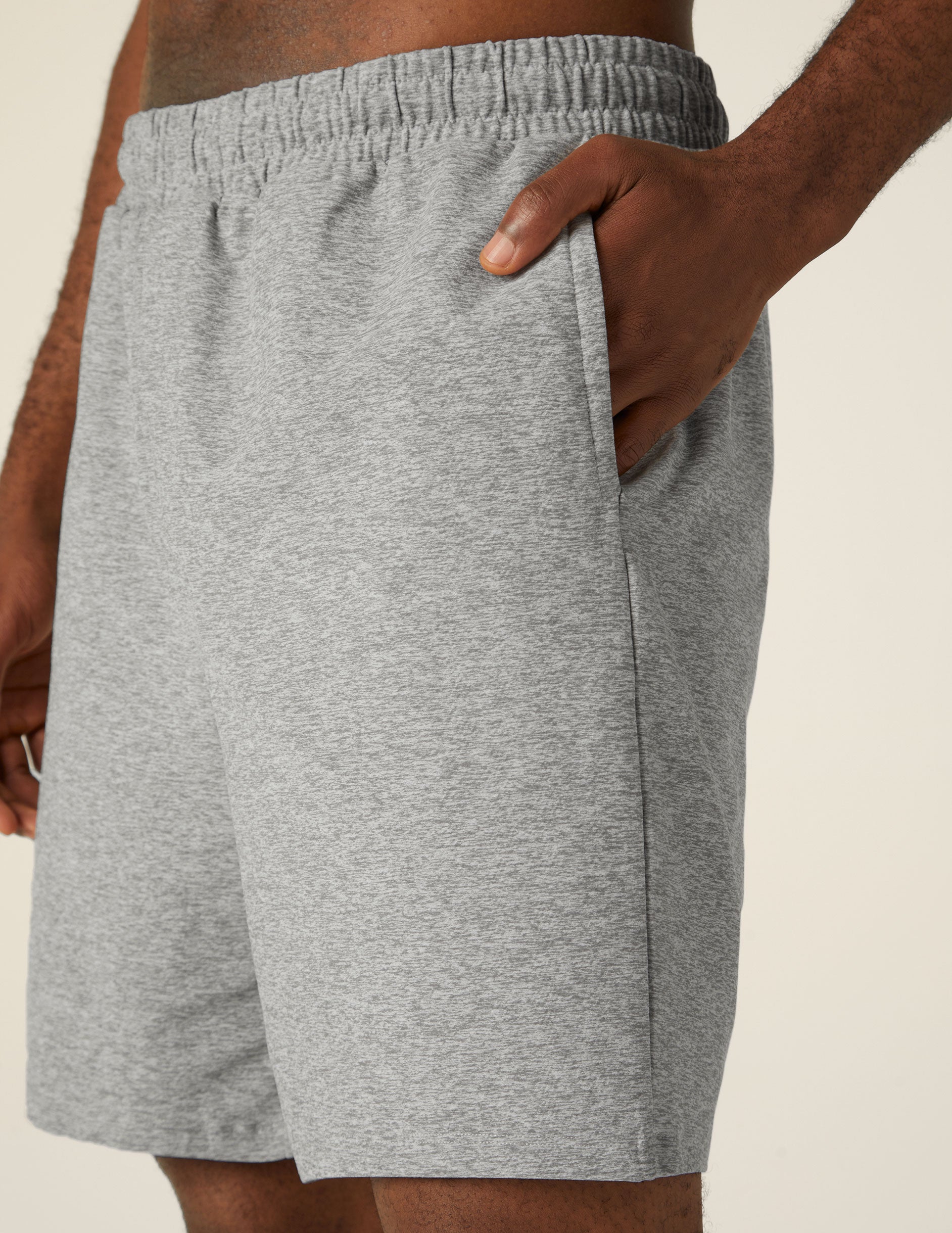 gray men's relaxed fit athleisure shorts with pockets. 