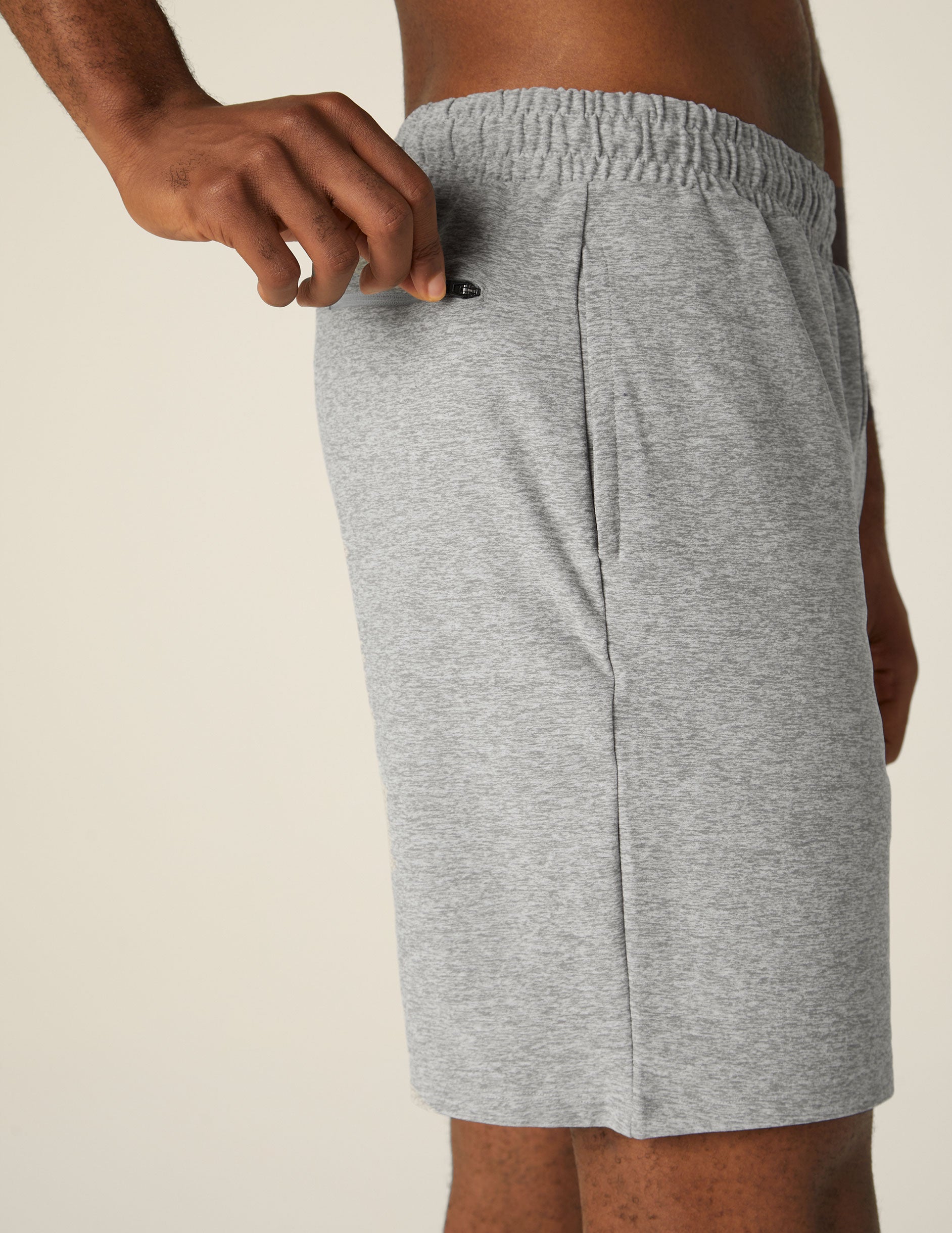 gray men's relaxed fit athleisure shorts with pockets. 