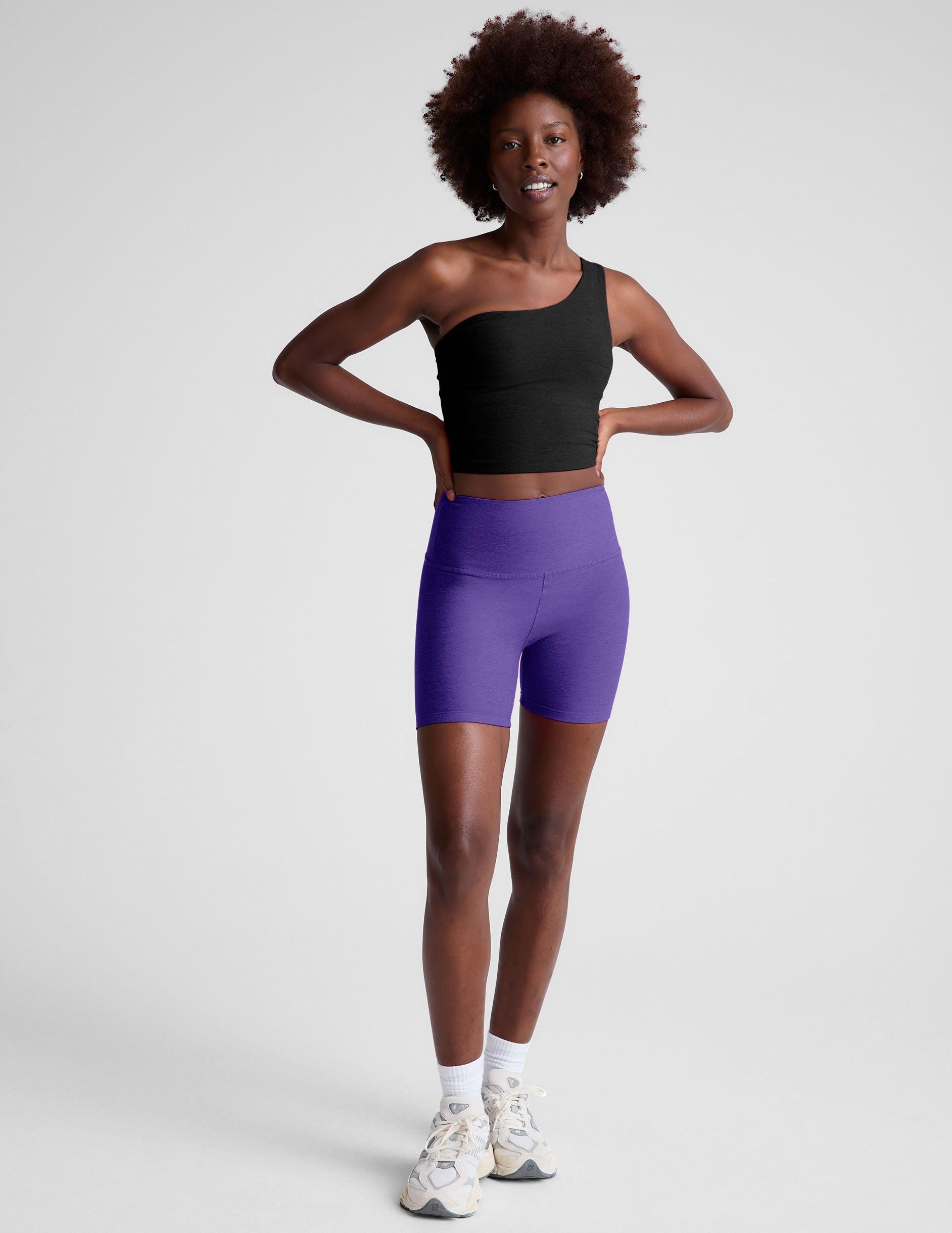 purple high-waisted 5" inseam biker shorts. 
