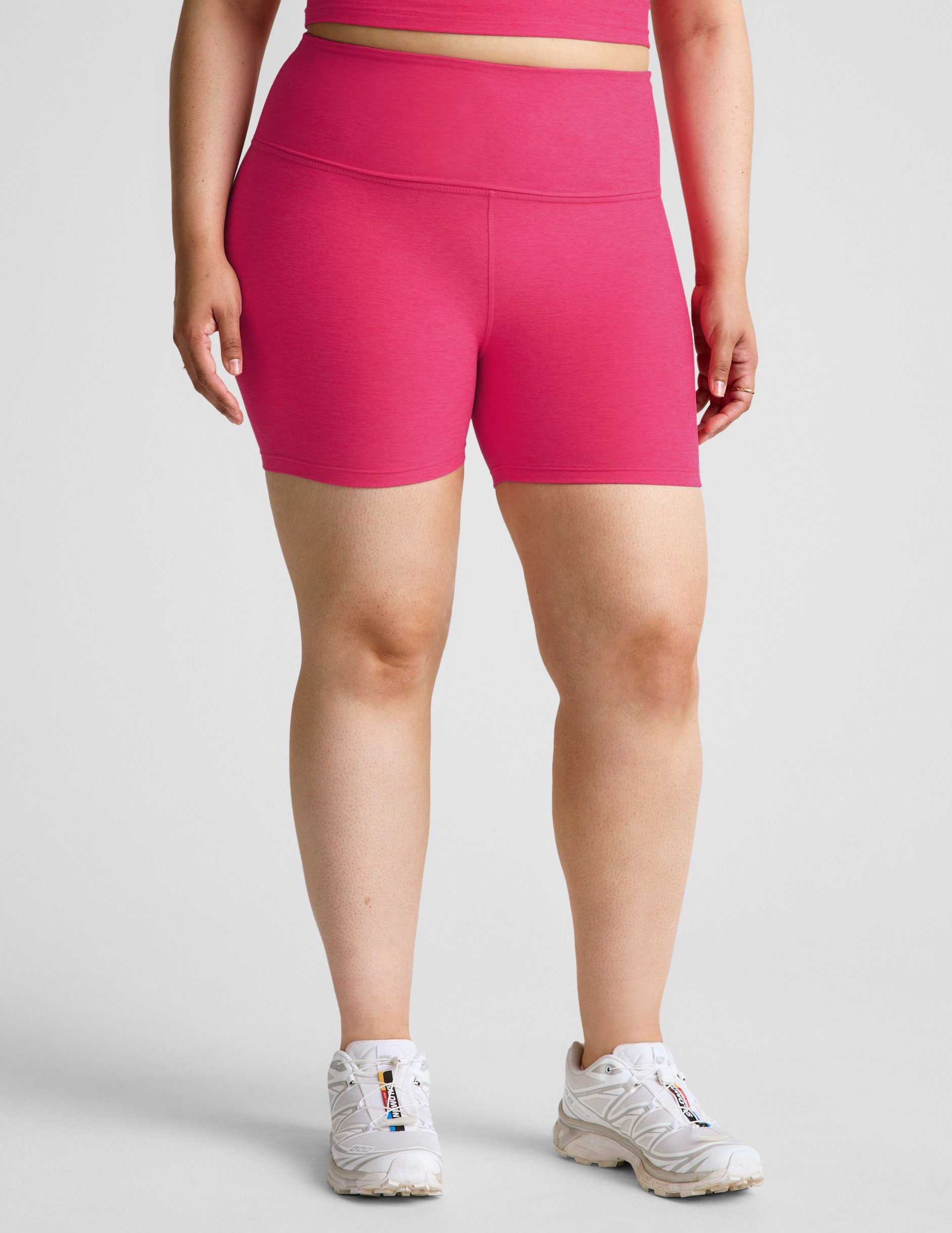 pink high-waisted 5" biker shorts. 