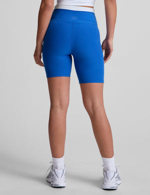 blue high-waisted biker shorts with a 5