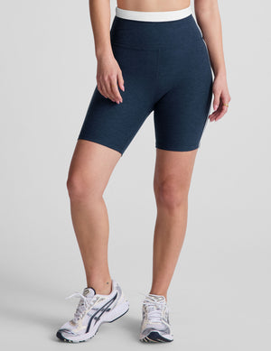 navy blue high-waisted biker shorts with a 5