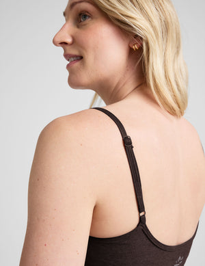 brown maternity midi length tank jumpsuit with adjustable straps. 