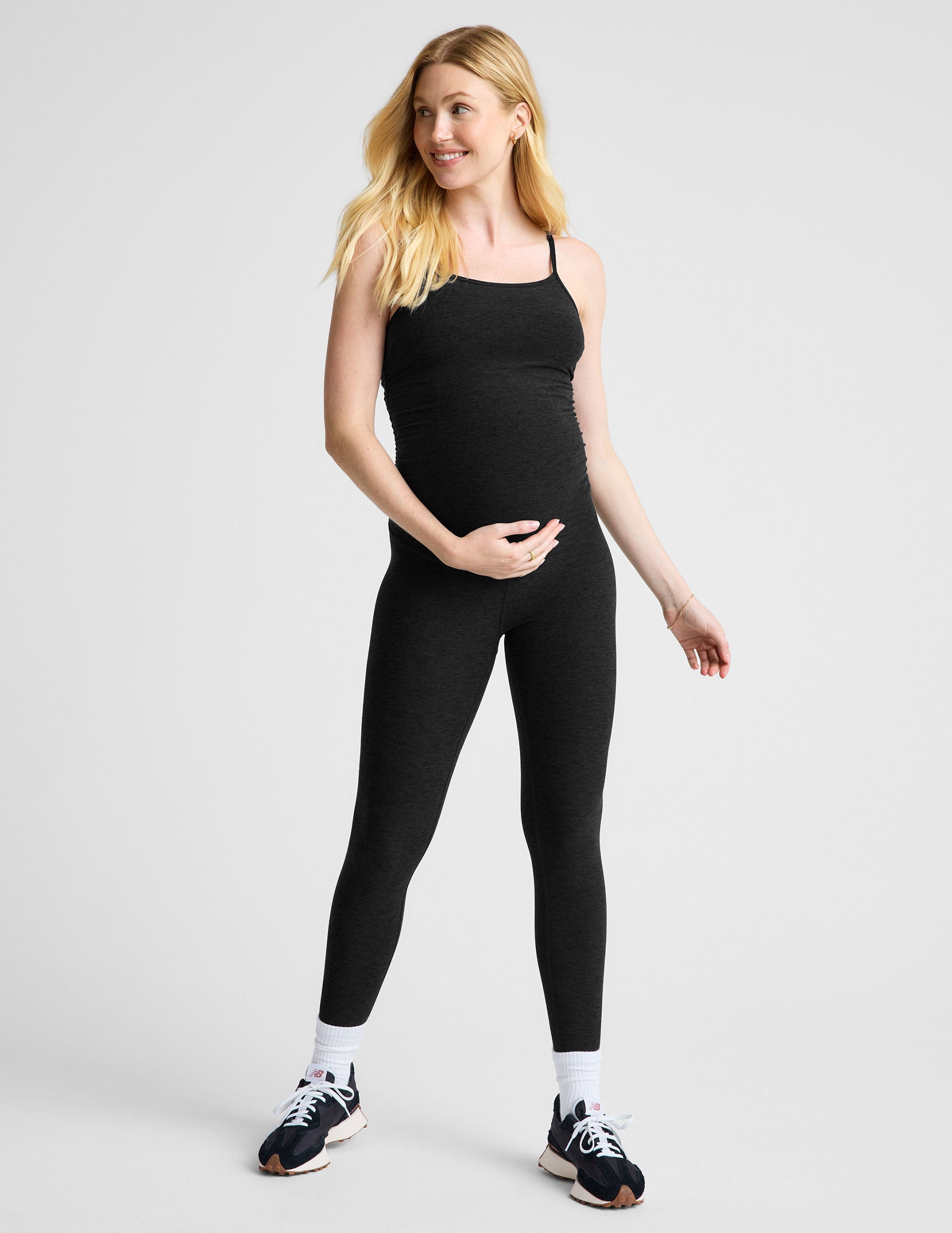 black sleeveless full length maternity jumpsuit