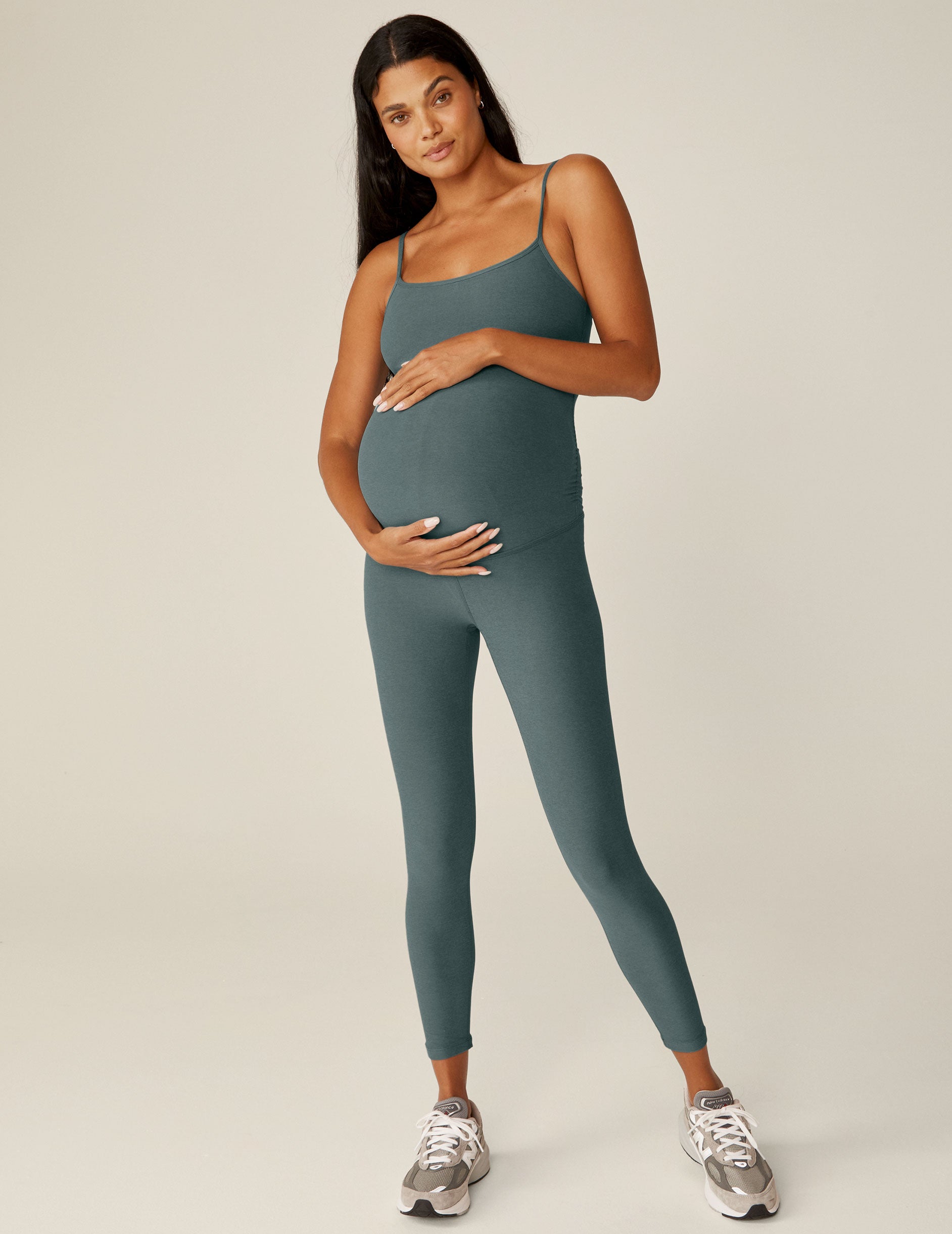 blue maternity slim strapped midi jumpsuit. 