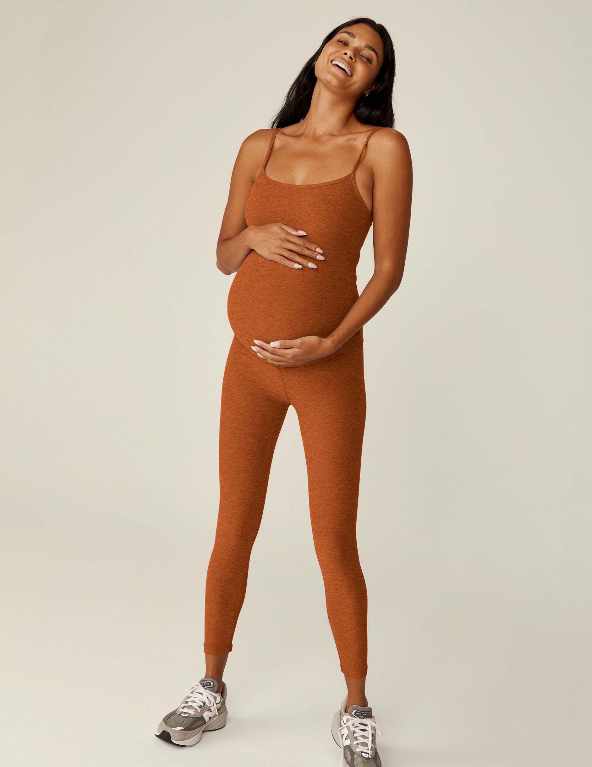 brown slim strapped maternity midi jumpsuit. 