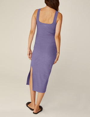 purple square neck body con midi maternity dress with a front side slit. 