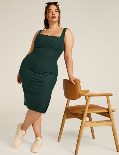 green tank top midi dress with a front side slit. 