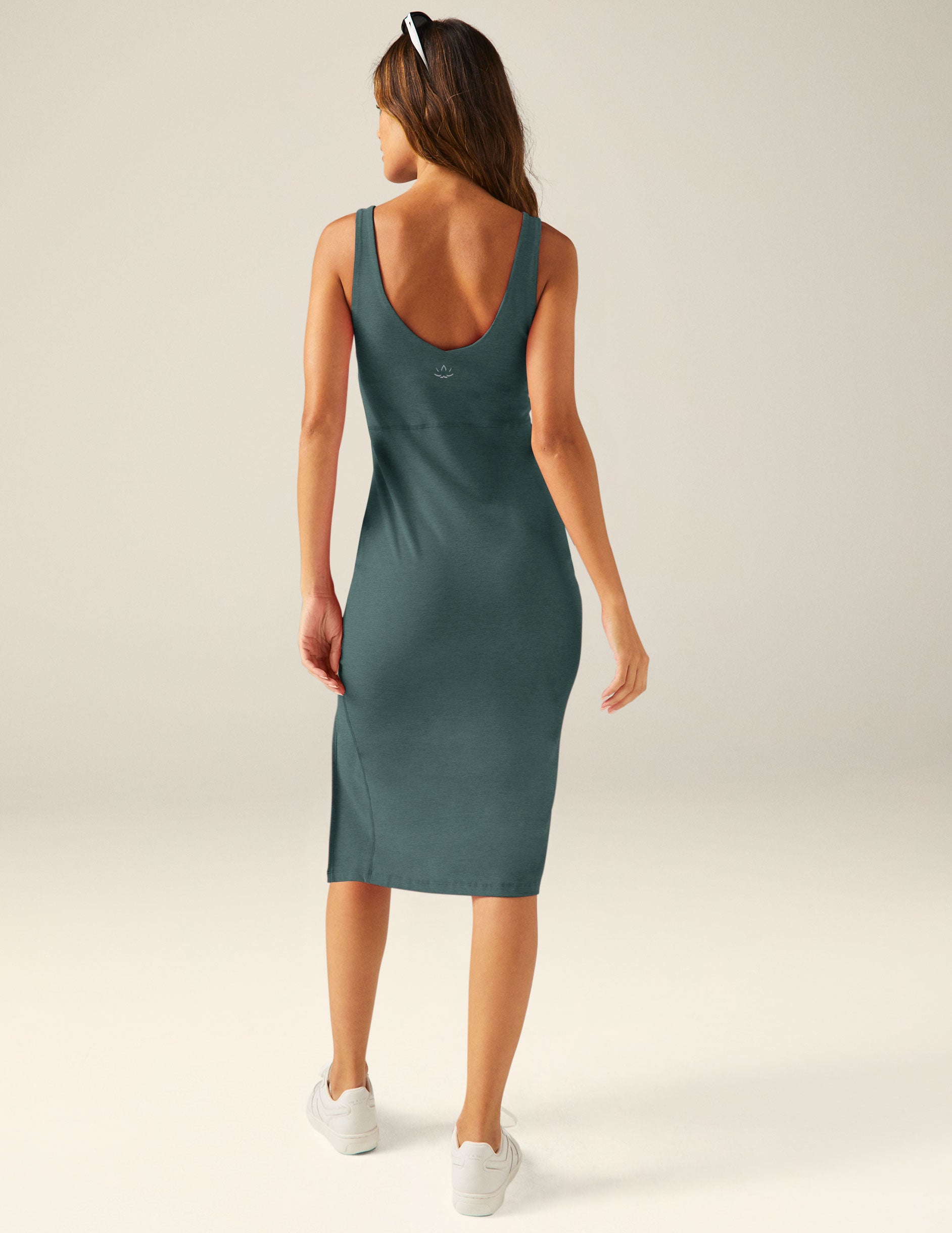 blue scoop neck midi dress with a front side slit. 
