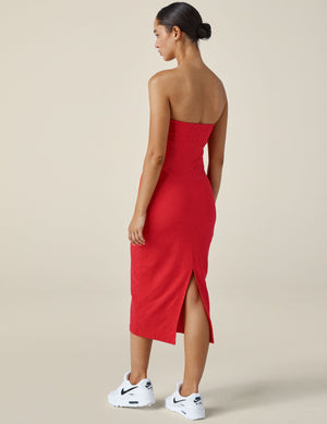 red strapless midi length dress. 