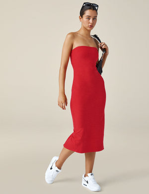red strapless midi length dress. 