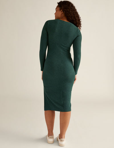 green long sleeve square neck midi dress with a front side slit. 