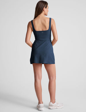 blue square neck mini dress with built-in shorts and a front side slit. 